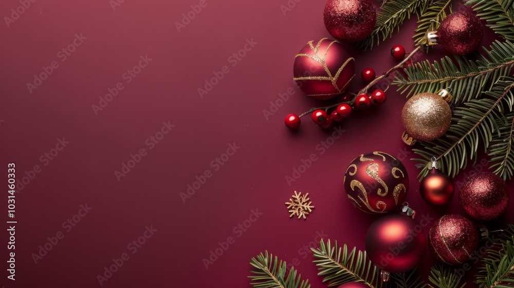 Red and Gold Christmas Ornaments on Burgundy Background Red and Gold Christmas Ornaments on Burgundy Background