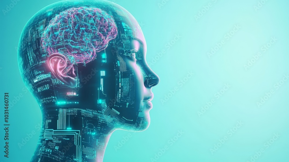 Futuristic human head profile with integrated microchips, merging intelligence and technology, cybernetic design, blurred background, copy space. Futuristic human head profile with integrated microchips, merging intelligence and technology, cybernetic design, blurred background, copy space.