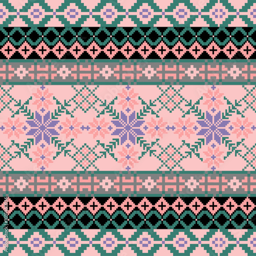 Art Abstract with Floral Pixel Designs. Traditional Cross Stitch needlework. Geometric Ethnic Pattern, Embroidery, Textile Ornamental, Fabric, Hand Stitch Pattern, Cultural Stitching Pixel Art