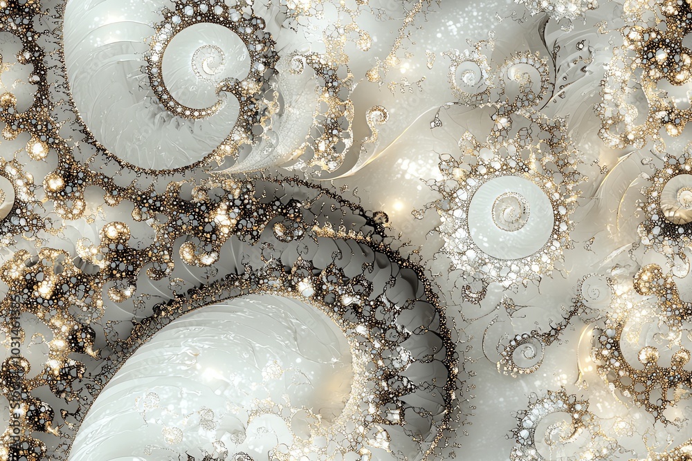 Fractal-inspired swirls and spirals, intricate abstract seamless pattern on white background