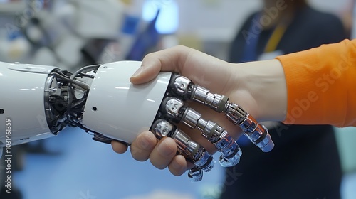 A robotic hand shaking hands with a human hand, representing the future of human-robot interaction.