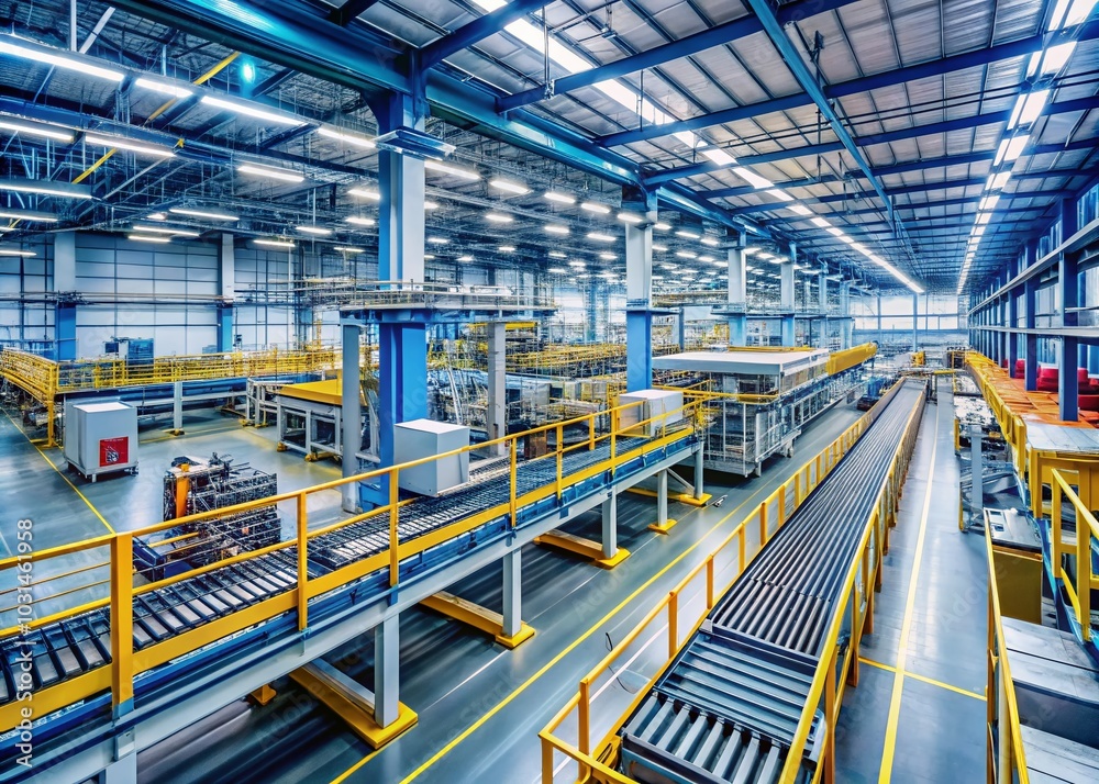Industrial Factory Interior with Conveyors and Production Machinery for Modern Manufacturing Industrial Factory Interior with Conveyors and Production Machinery for Modern Manufacturing