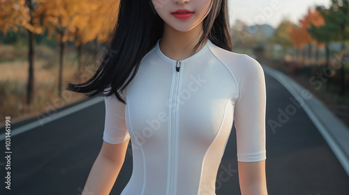 a solid white cycling jersey with a zipper line down the middle, mid-thigh length, with short sleeves, worn by an Asian woman. background features a black road lined with Autumn trees photo