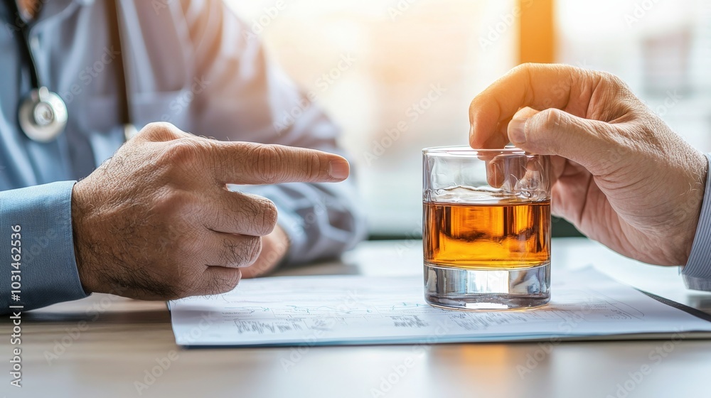 A doctor pointing to warning signs of alcohol addiction on a chart during a consultation, emphasizing the importance of early recognition A doctor pointing to warning signs of alcohol addiction on a chart during a consultation, emphasizing the importance of early recognition