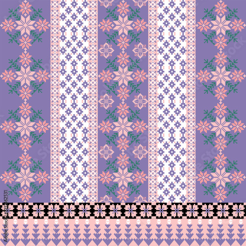 Art Abstract with Floral Pixel Designs. Traditional Cross Stitch needlework. Geometric Ethnic Pattern, Embroidery, Textile Ornamental, Fabric, Hand Stitch Pattern, Cultural Stitching Pixel Art