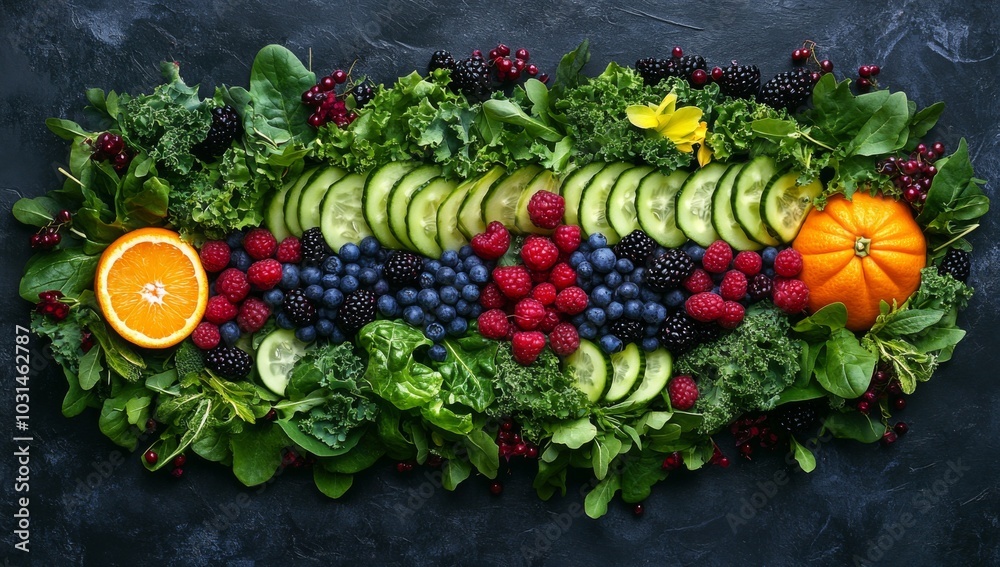 A colorful arrangement of fresh fruits, vegetables, and berries on a black background. A colorful arrangement of fresh fruits, vegetables, and berries on a black background.