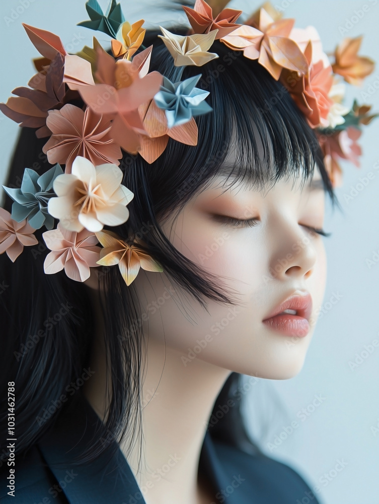 Naklejka premium Asian young woman in White sharp suits with Snow flakes with small various shapes of snow and ice made by origami papers clean decorated in her hair