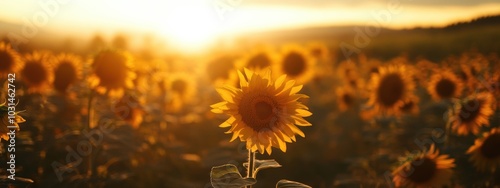 Golden Hour Sunflower Panorama, expansive field of sunflowers basking in warm sunset glow, vibrant petals turned towards the sun, serene landscape