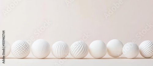 Delicate white Christmas ornaments with soft patterns, arranged elegantly in a modern home, minimalist holiday decor aesthetic