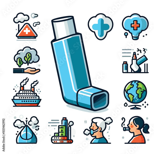 Asthma inhaler due to polluted air. icon