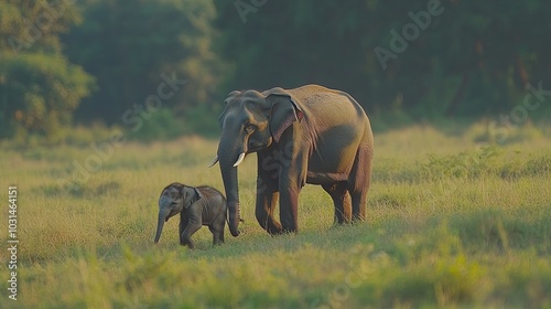 Mother Elephant Leading Her Calf in Green Grassland