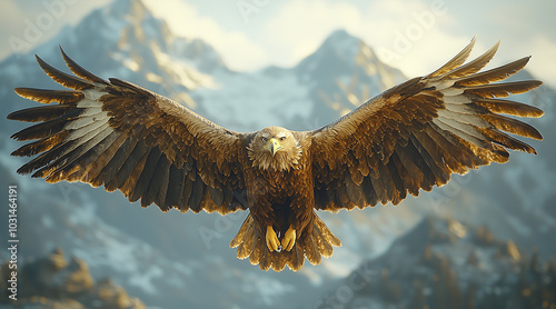 ront view of an eagle flying with wings wide open. Mountains in the background. Realistic. Detailed. Centralized photo