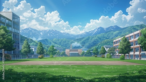 A Wide Shot of a Japanese School with Green Grass and Mountains in the Background photo