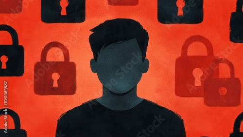 user profile is depicted against backdrop of padlocks, symbolizing privacy and security concerns. image evokes sense of anonymity and importance of safeguarding personal information