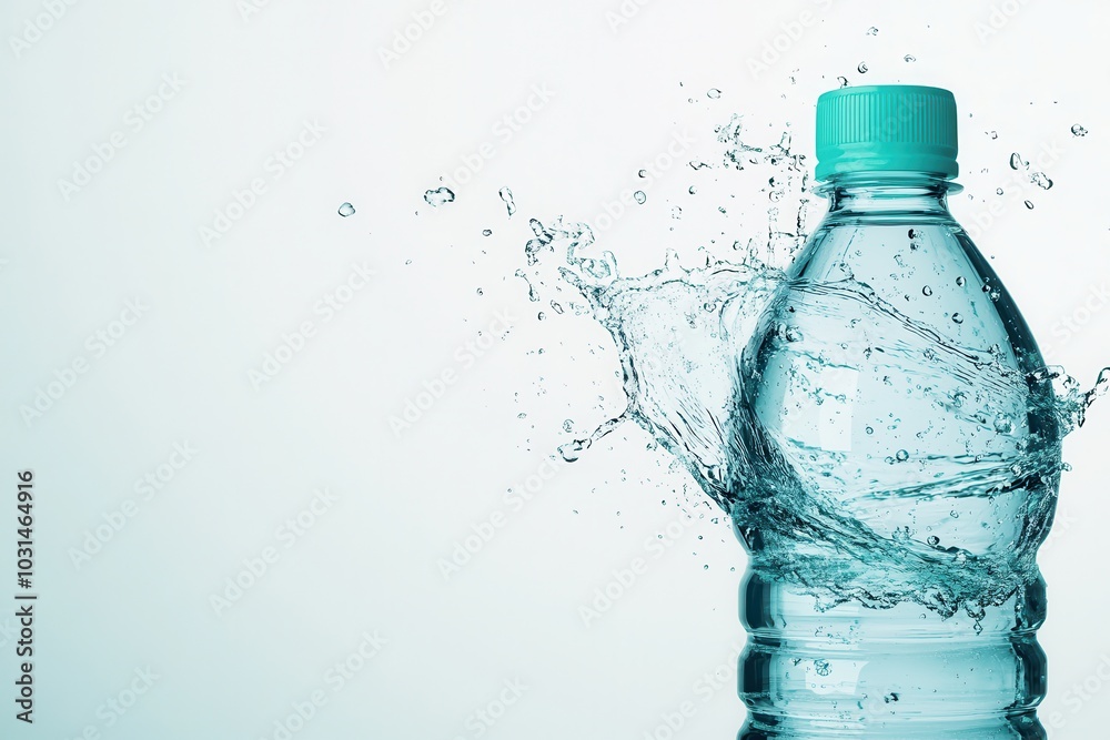 bottle of water splashes against white background, creating dynamic and refreshing visual. clear water droplets enhance sense of movement and vitality bottle of water splashes against white background, creating dynamic and refreshing visual. clear water droplets enhance sense of movement and vitality