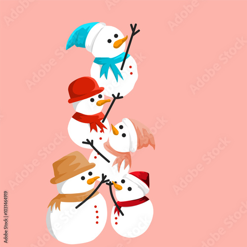 Four cheerful snowmen stack together, each wearing colorful hats and scarves. Their friendly expressions and playful poses radiate warmth against a soft pink backdrop, embodying the joy of winter.
