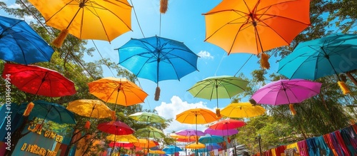 Colorful umbrellas hanging overhead in a sunny outdoor market.
