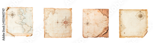 Vintage map collection with ornate compass designs in various orientations.