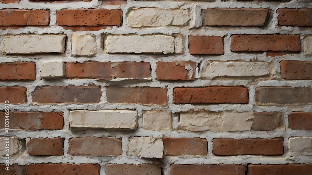 Fototapeta premium Abstract rustic brick wall background with a classic, uneven layout, vary in color, ranging from deep red to light beige, creating a visually textured pattern