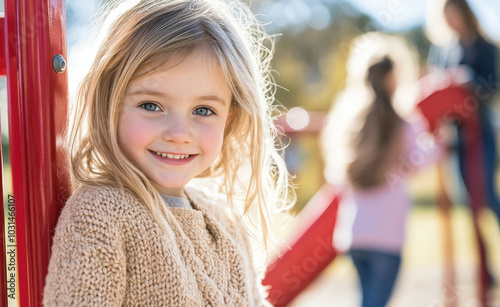 Children playing on playground equipment at school, with one child smiling and posing for the camera while others play in the background.