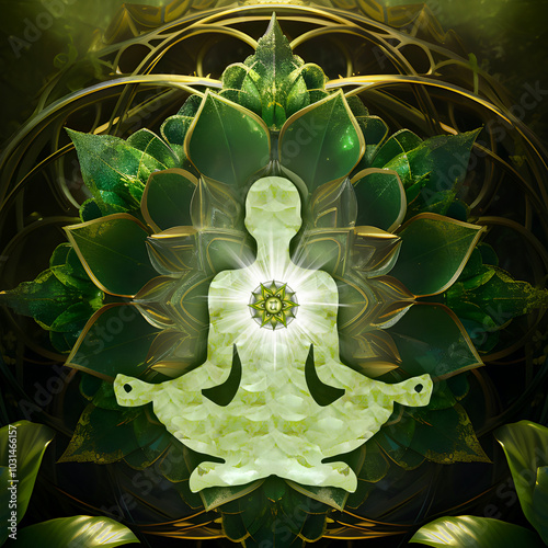Heart chakra, yoga lotus pose meditation. Anahata chakra, mystical green and gold petals, enchanted ambience. Peaceful decor for chakra energy healing, reiki or yoga studios, massage therapists.