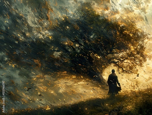 Man Standing Under a Tree in a Golden Storm