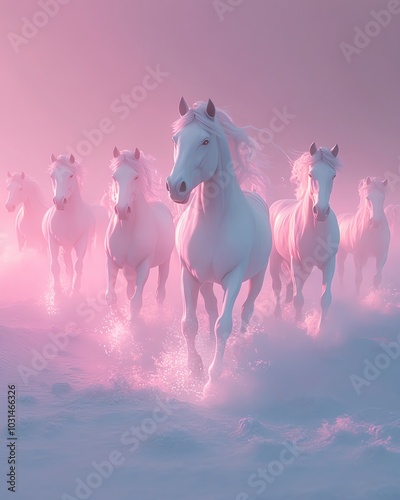 Realistic digital painting of white horses standing together on a cliff photo