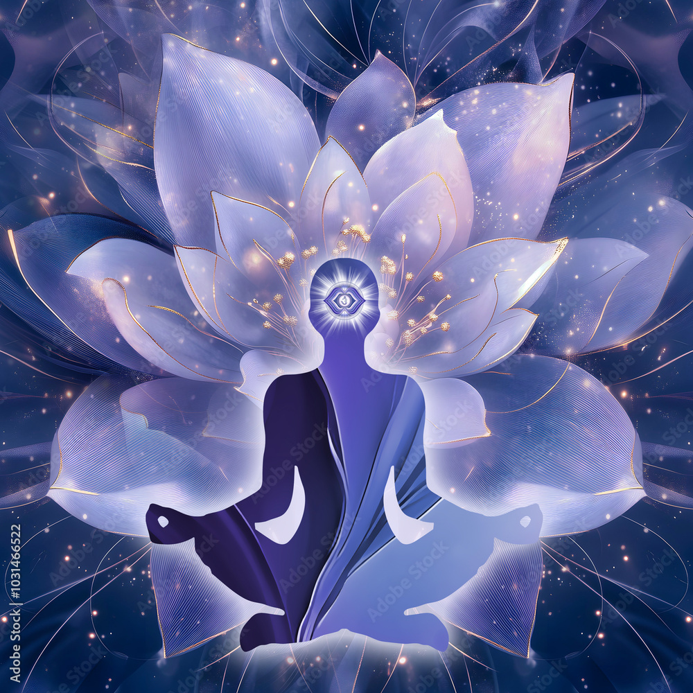 Third Eye meditation in yoga lotus pose, in front of Ajna chakra symbol. Peaceful decor for meditation and chakra energy healing.
Third Eye meditation in yoga lotus pose, in front of Ajna chakra symbol. Peaceful decor for meditation and chakra energy healing.