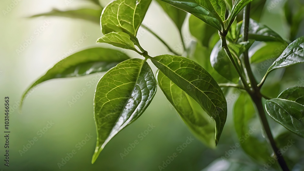 Obraz premium close up photograph of lush green leaves, showcasing a natural and serene style, focused on the leaves, which are prominently displayed in the foreground, with a soft, blurred background 