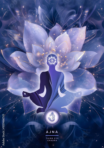 Third Eye meditation in yoga lotus pose, in front of Ajna chakra symbol. Peaceful decor for meditation and chakra energy healing.
