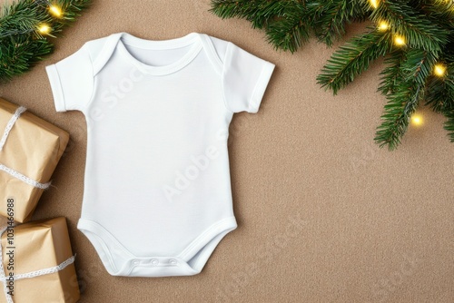 White baby bodysuit with Christmas gifts and greenery. photo