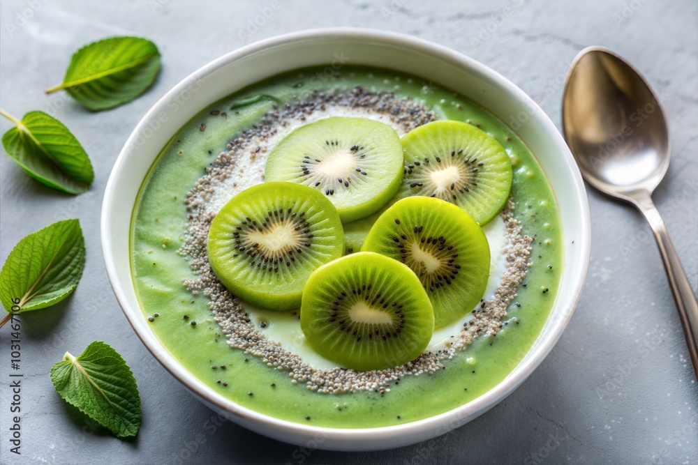 Green smoothie bowl with kiwi and mint on grey background Green smoothie bowl with kiwi and mint on grey background
