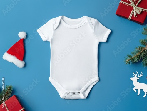 White baby onesie on a blue background with holiday decor.