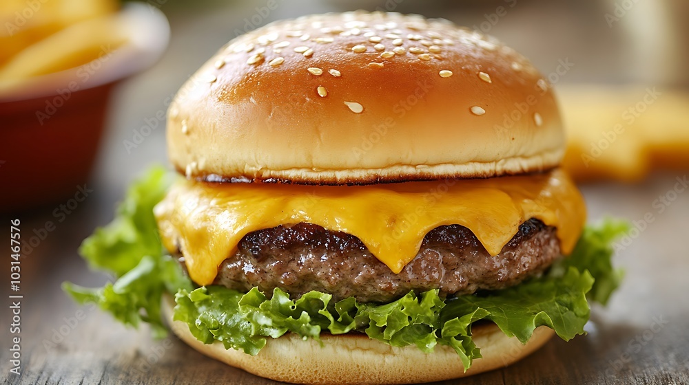 Close-up of a Juicy Cheeseburger with Sesame Seed Bun Close-up of a Juicy Cheeseburger with Sesame Seed Bun