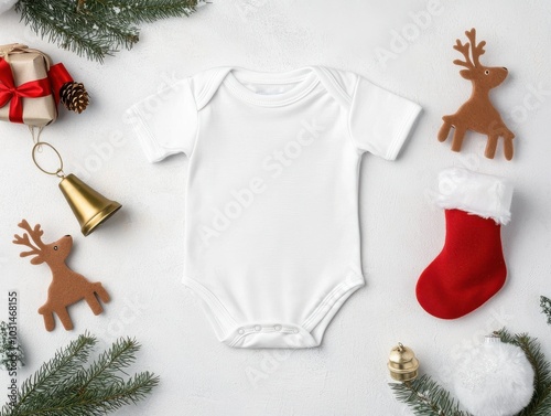 White baby onesie surrounded by Christmas decorations. photo