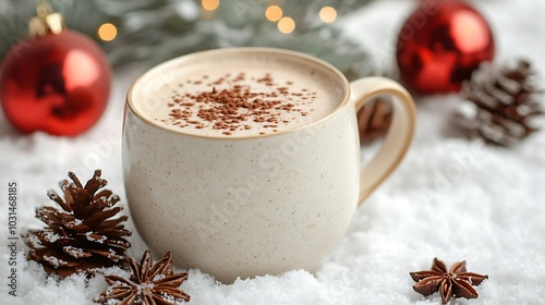 A charming mug of hot chocolate placed on a snowy table with Christmas ornaments in the background, creating a warm holiday atmosphere.