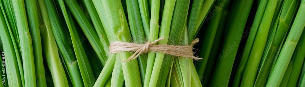 Fototapeta premium Fresh Lemongrass Bundle Tied with Natural Twine for Vegan Thai Soup Preparation