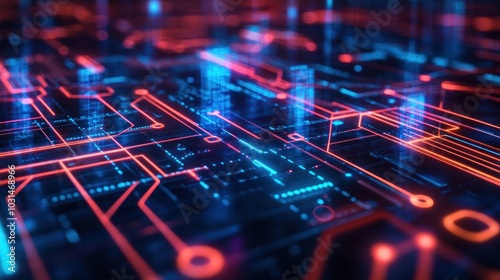 Abstract digital circuit board with glowing red and blue lines.