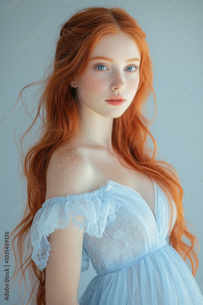 a beautiful young pregnant woman with an angelic face and long red hair wearing a blue dress a beautiful young pregnant woman with an angelic face and long red hair wearing a blue dress
