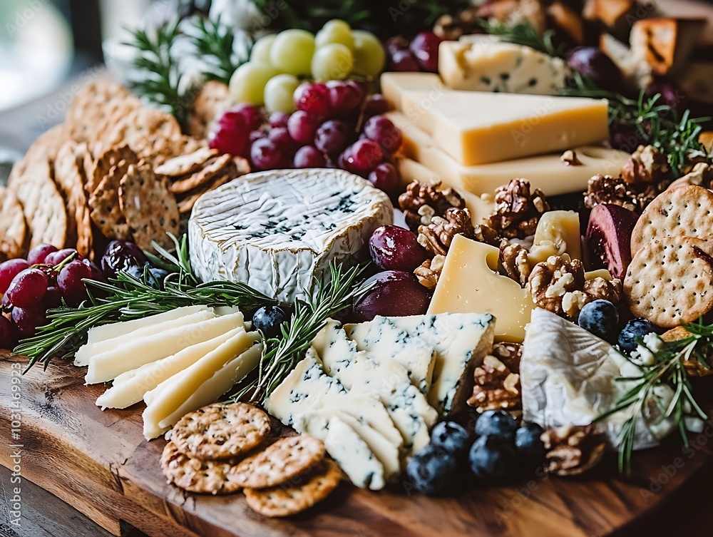 An elegant cheese board featuring a variety of gourmet cheeses and accompaniments An elegant cheese board featuring a variety of gourmet cheeses and accompaniments
