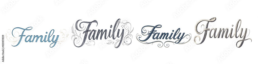 Various artistic representations of the word 'Family' in elegant styles. Various artistic representations of the word 'Family' in elegant styles.