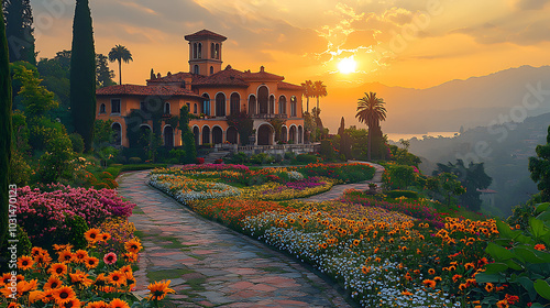 A grand castle nestled amidst rolling green hills, featuring a meticulously maintained flower garden with colorful pathways lined by daisies and sunflowers, the scene bathed in the soft glow 