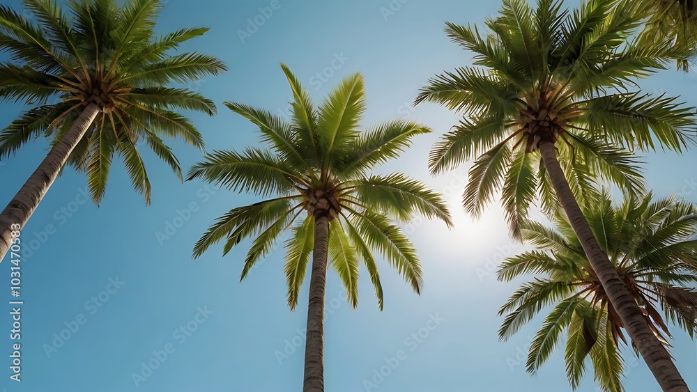 landscape photograph featuring a group of tall palm trees set against a clear, pale blue sky capturing the trees from a low angle, emphasizing their height and slender trunks landscape photograph featuring a group of tall palm trees set against a clear, pale blue sky capturing the trees from a low angle, emphasizing their height and slender trunks