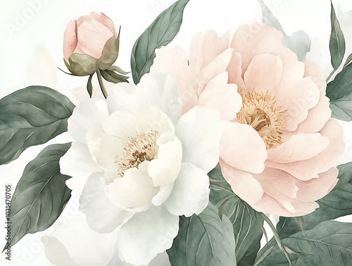 Floral Elegance: Peonies and Roses in Botanical Poster Design – Watercolor Flowers, Detailed Petals and Leaves, Soft Pink and Green Palette, UHD Image