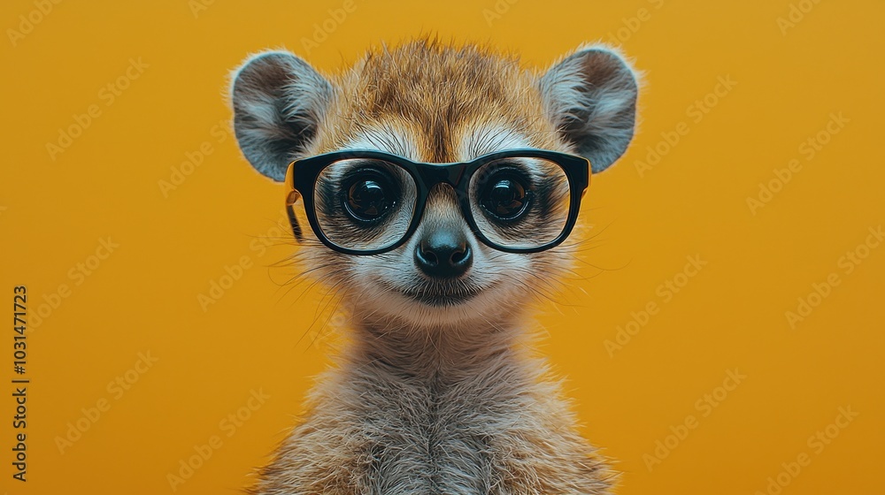 A cute animal wearing glasses against a vibrant yellow background, showcasing an adorable expression and playful demeanor A cute animal wearing glasses against a vibrant yellow background, showcasing an adorable expression and playful demeanor