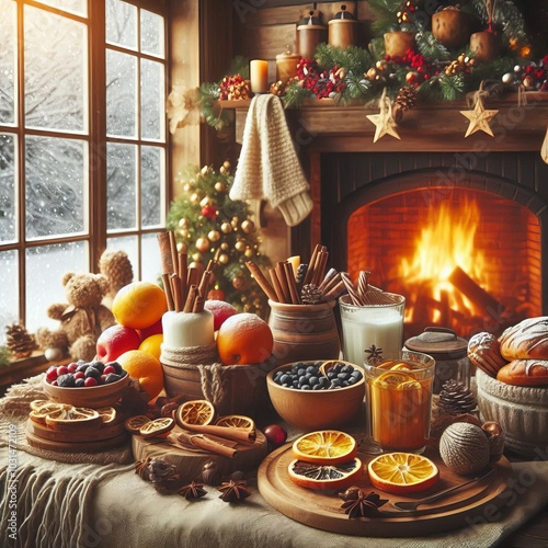  a cozy fireplace adorned with festive foods decorations, glowing warmly beside a beautifully decorated. This creates a perfect holiday setting filled with warmth and joy