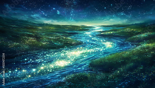 A flowing river resembling the Milky Way, where the water sparkles with glowing, star-like particles