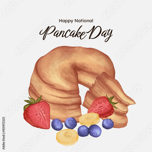 Pancake with fruits watercolor illustration. pancake national day.