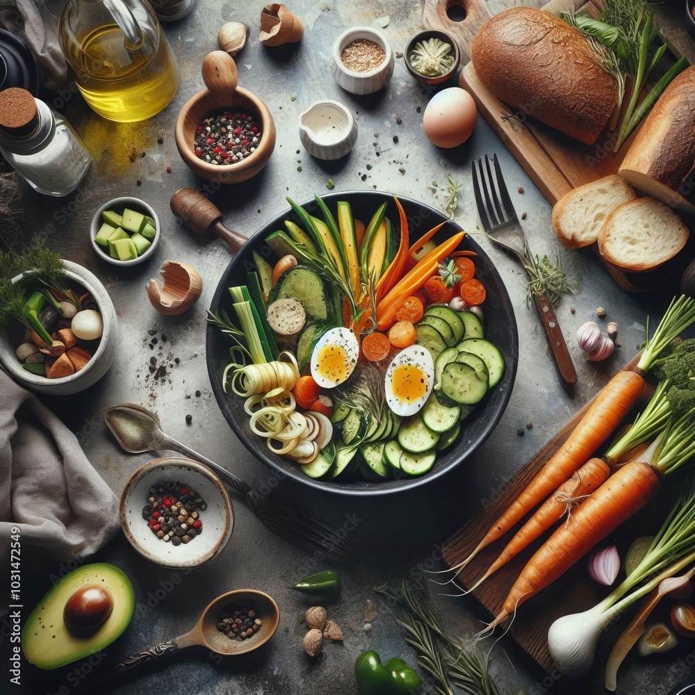 A colorful arrangement of fresh vegetables and spices displayed on a wooden table, showcasing healthy ingredients for a vibrant meal or salad A colorful arrangement of fresh vegetables and spices displayed on a wooden table, showcasing healthy ingredients for a vibrant meal or salad