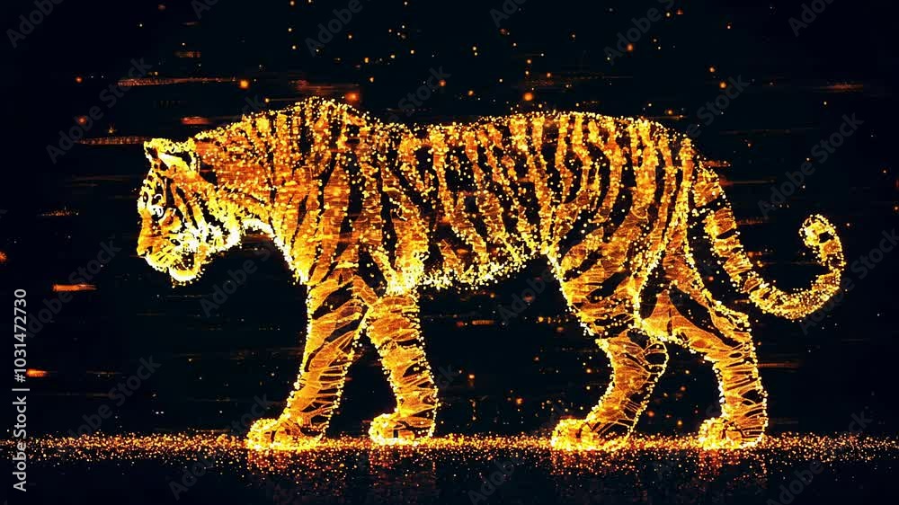Glowing Neon Tiger Hologram Walking with Digital Particle Effects